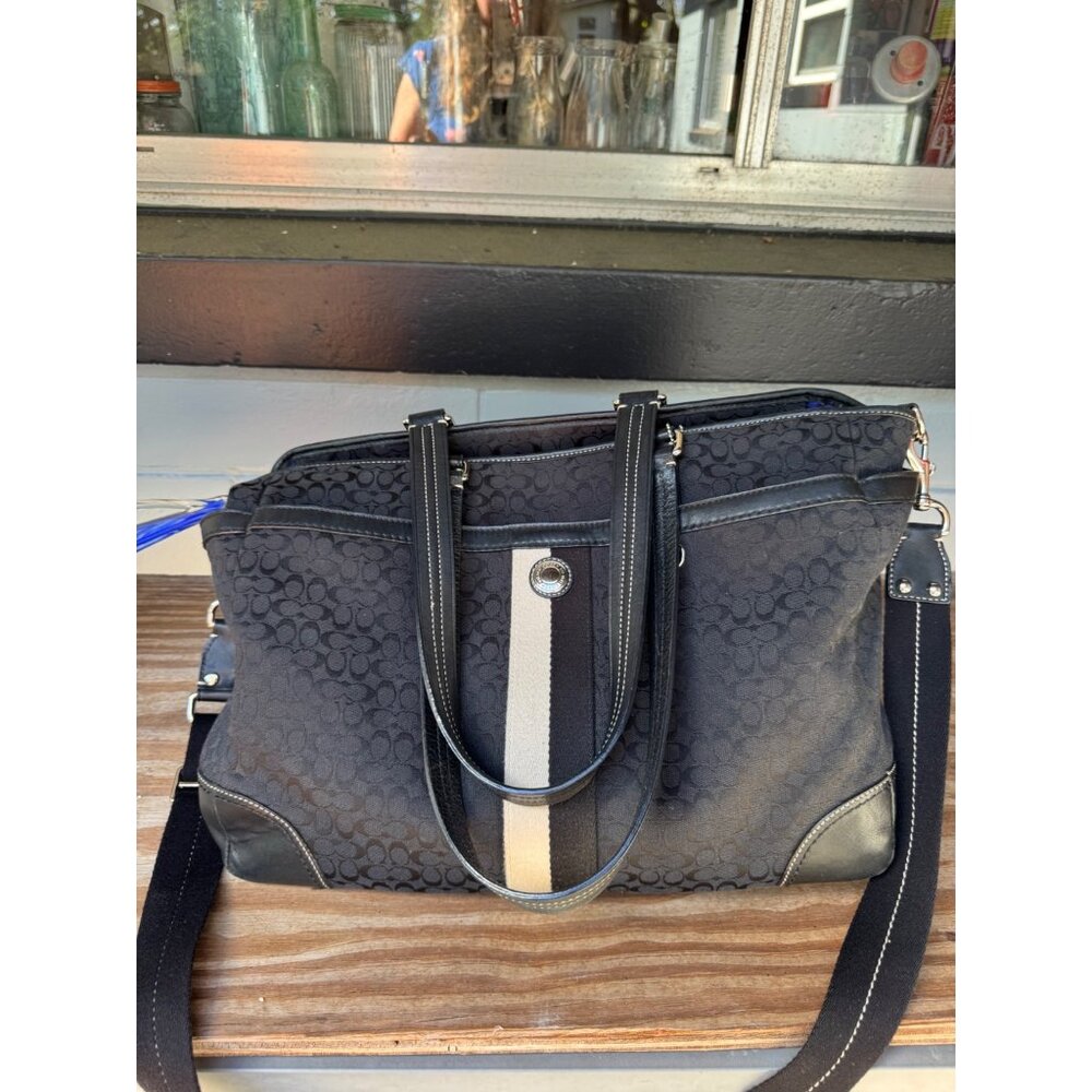 Coach Signature Stripe Black Canvas & Leather Tote With Shoulder Strap